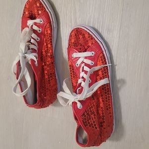 Red Sequin high top balera sneakers, women's size 9